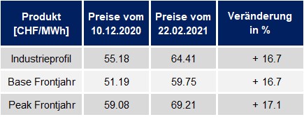 Strompreisentwicklung der letzten 12 Monate Februar 2021