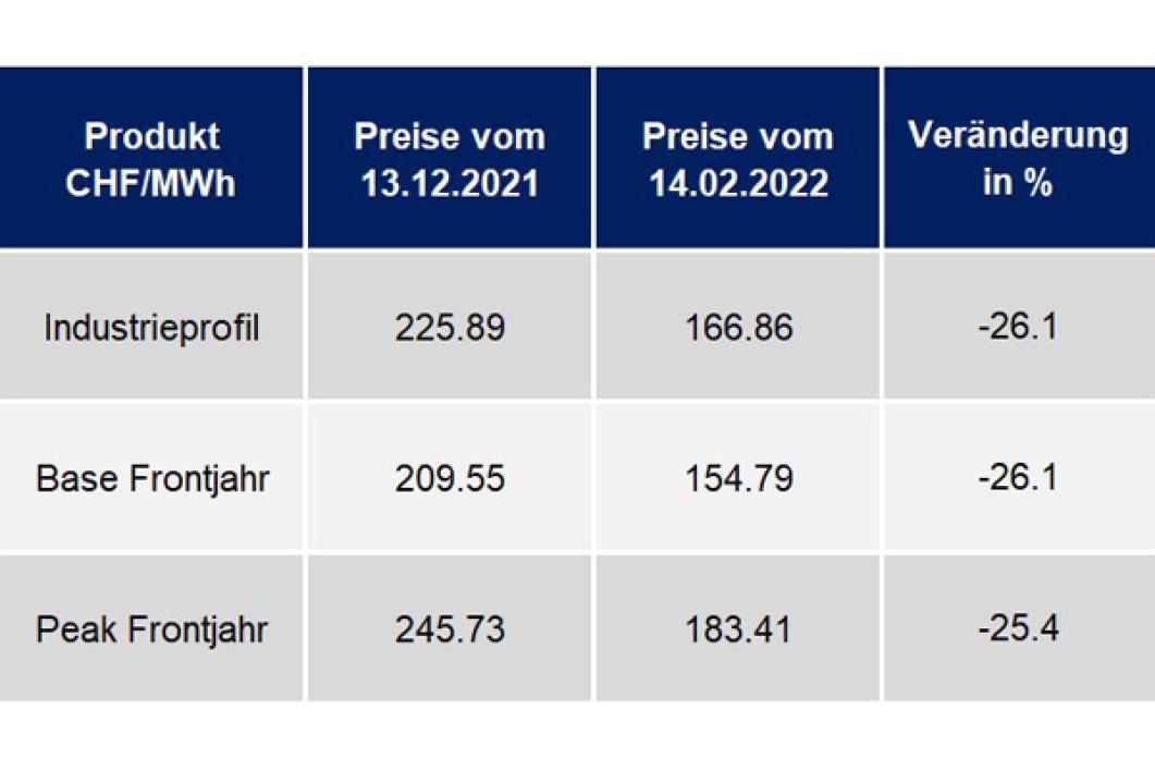 Strompreisentwicklung der letzten 12 Monate Stand Februar 2022