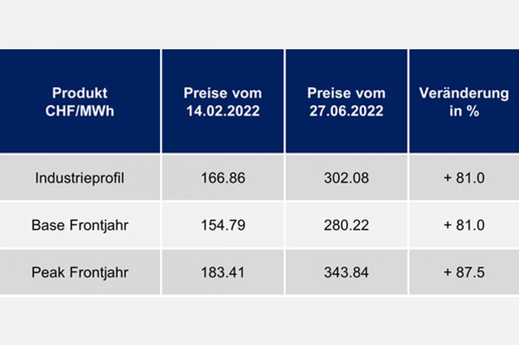 Strompreisentwicklung der letzten 12 Monate Stand Juni 2022