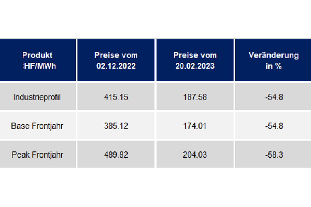 Preisentwicklung der letzten 12 Monate. Darstellung eines KMU Musterprofiles (Mo.-Fr. mit Base/Peak Verhältnis von ca. 75/25). Die Darstellung dient der Grobinformation und ist als unverbindliche Preisindikation zu werten.